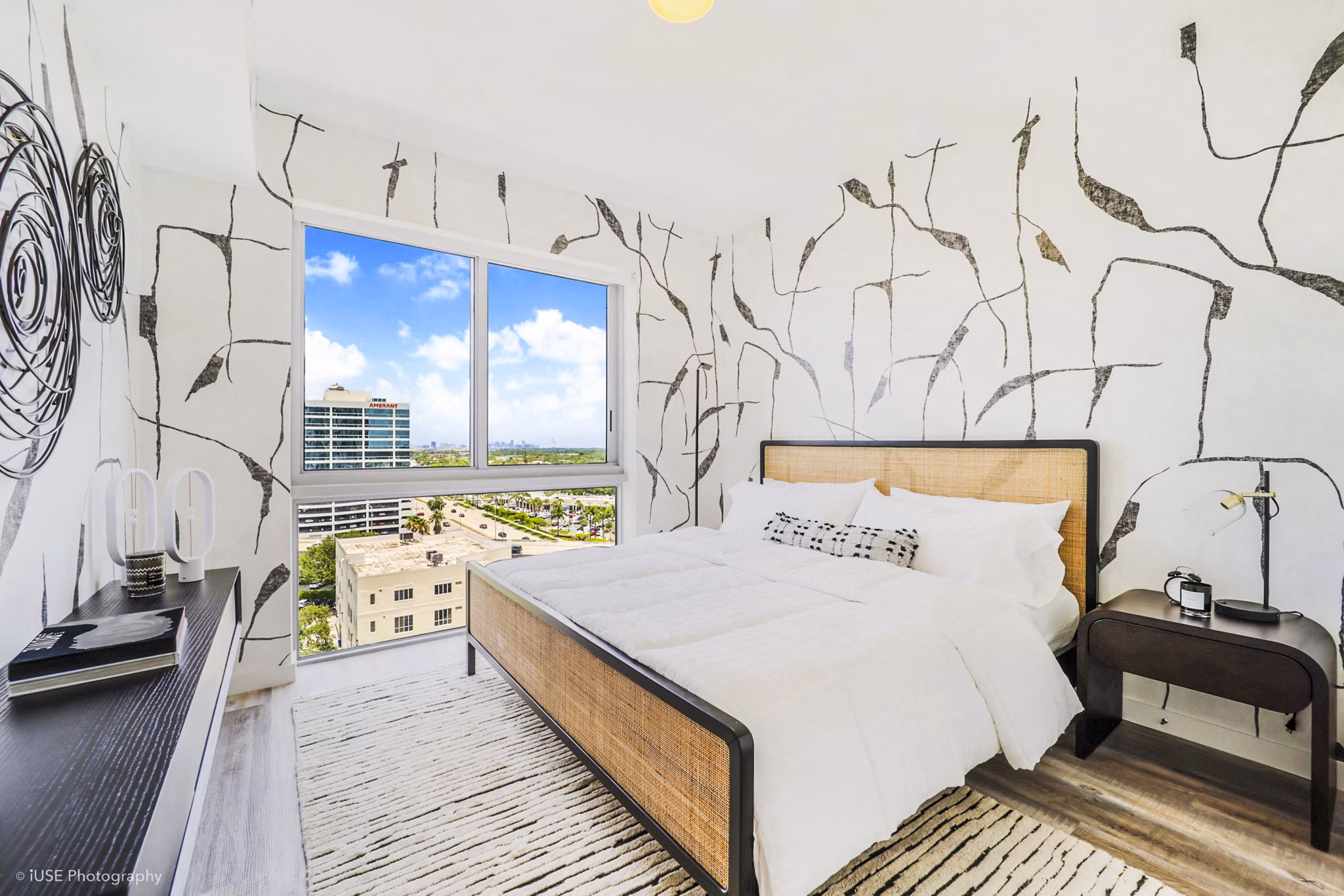 Modern bedroom with stylish decor at Crest at Pinecrest Apartments