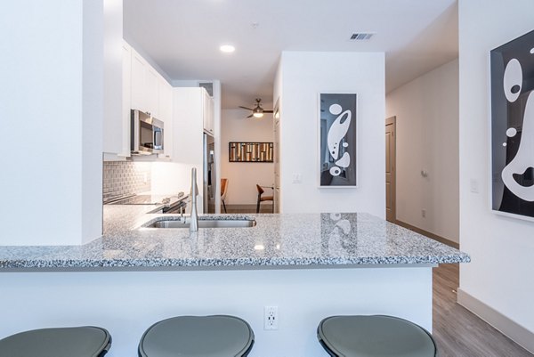 Modern kitchen with sleek finishes and stainless steel appliances at Alexan Braker Pointe Apartments