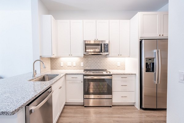 Modern kitchen with stainless steel appliances at Alexan Braker Pointe Apartments