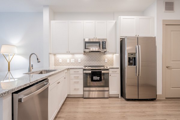 Modern kitchen with stainless steel appliances at Alexan Braker Pointe Apartments, luxurious living offered by Greystar