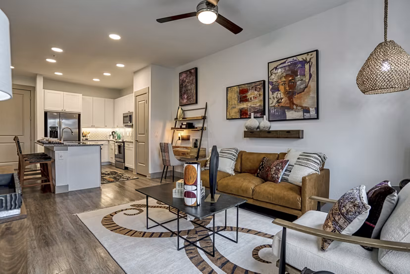 living room at Alexan Braker Pointe Apartments