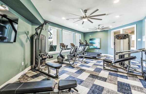 State-of-the-art fitness center at Sage Stone Oak Apartments with cardio machines and free weights for resident wellness and exercise needs