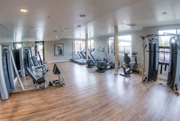 Modern fitness center featuring state-of-the-art equipment at mResidences Mountain View Apartments