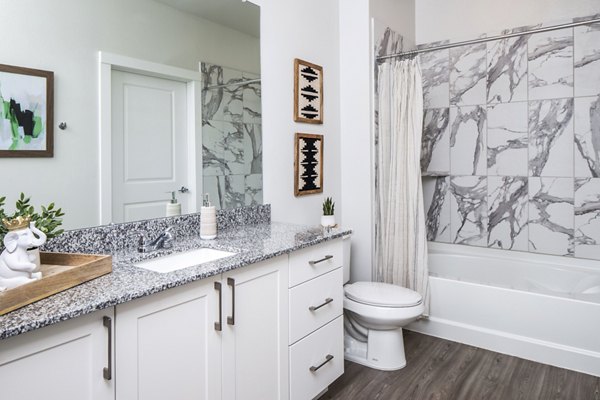 Modern bathroom featuring granite countertop and marble-patterned shower wall in luxury apartment