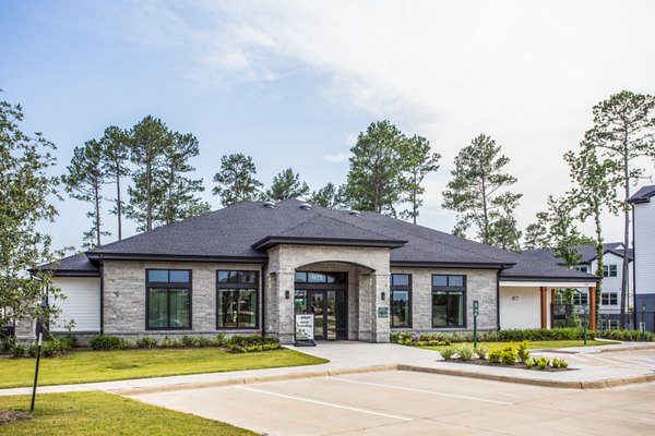 Modern single-story luxury apartments with a landscaped front area and parking lot in a vibrant neighborhood