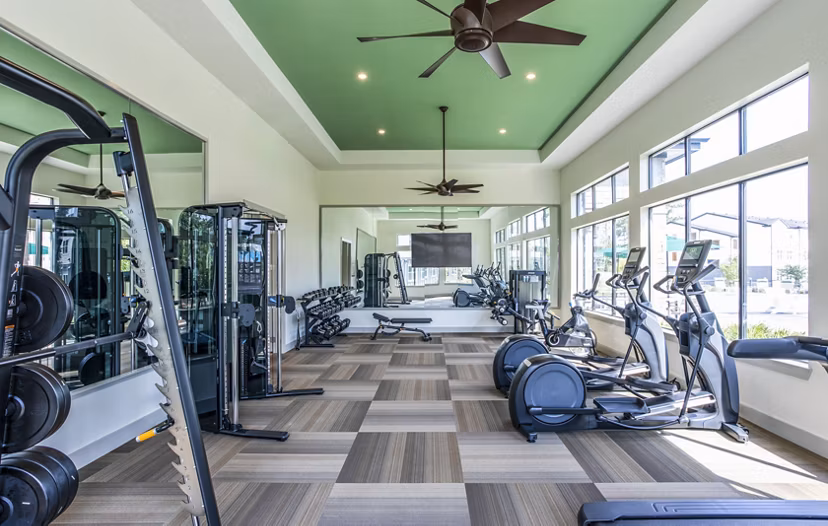 Modern gym with treadmills, ellipticals, and free weights at luxury apartments