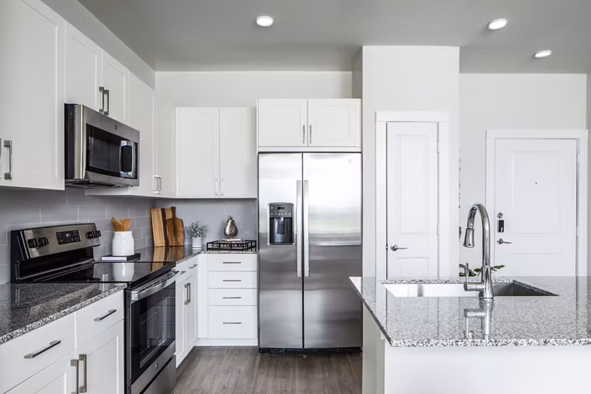 Modern kitchen with white cabinets and stainless steel appliances in luxury apartments