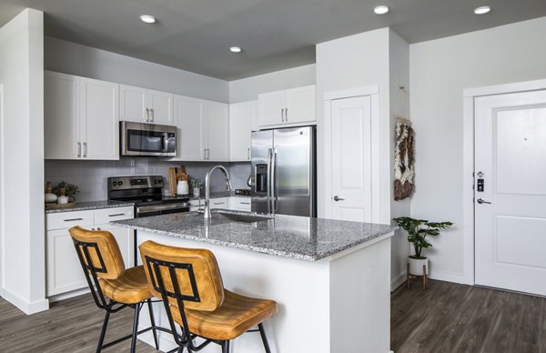 Modern kitchen featuring white cabinets and stainless steel appliances in luxury apartment