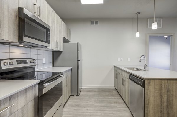 Modern kitchen with stainless steel appliances at Trillium Terrace Apartments