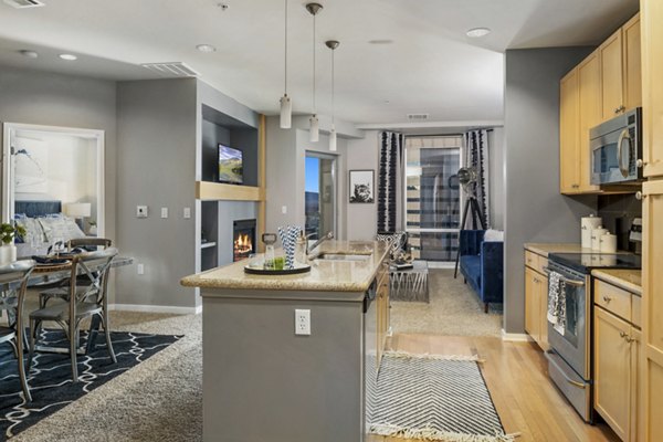 Modern kitchen with stainless steel appliances and marble countertops at 1600 Glenarm Place Apartments