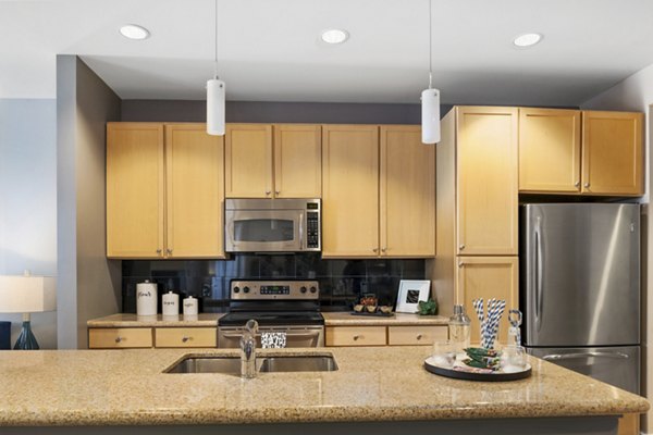 Contemporary kitchen with sleek countertops and stainless-steel appliances at 1600 Glenarm Place Apartments, luxury living in Denver