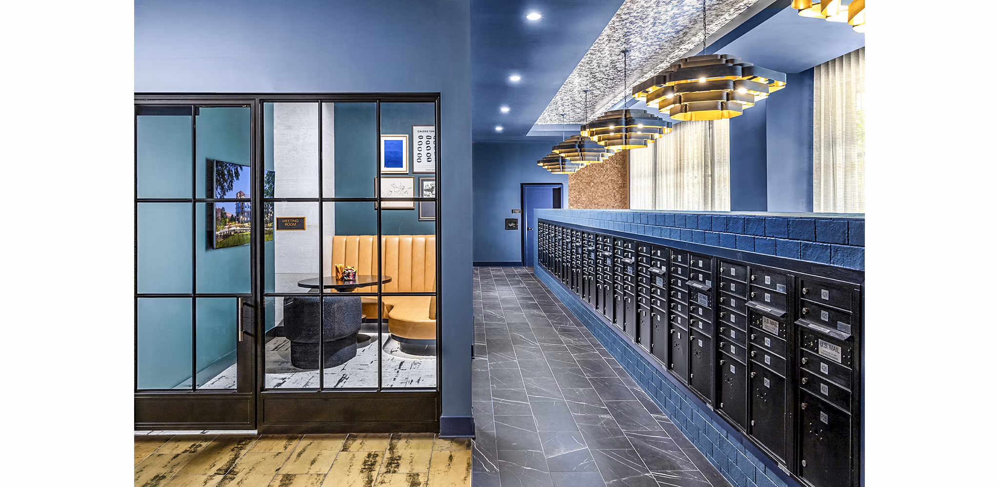 Modern mail room with secure package lockers at Beckon Apartments