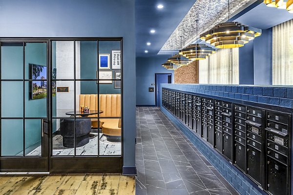 Modern mail room with secure package lockers at Beckon Apartments