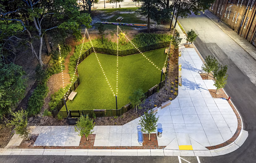 Dog-friendly park with agility equipment at Beckon Apartments, a luxury Greystar community featuring outdoor spaces for resident enjoyment