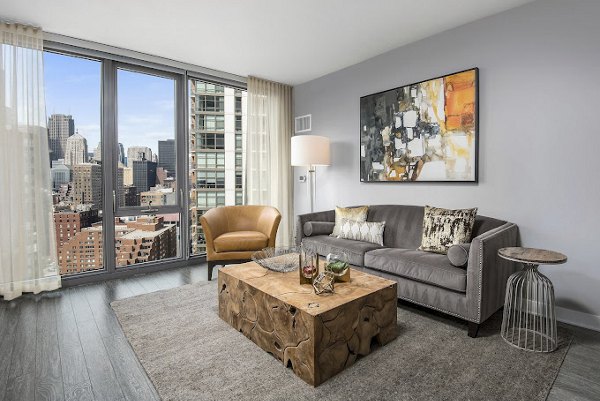 Modern living room with sleek furniture at 1001 S State Apartments