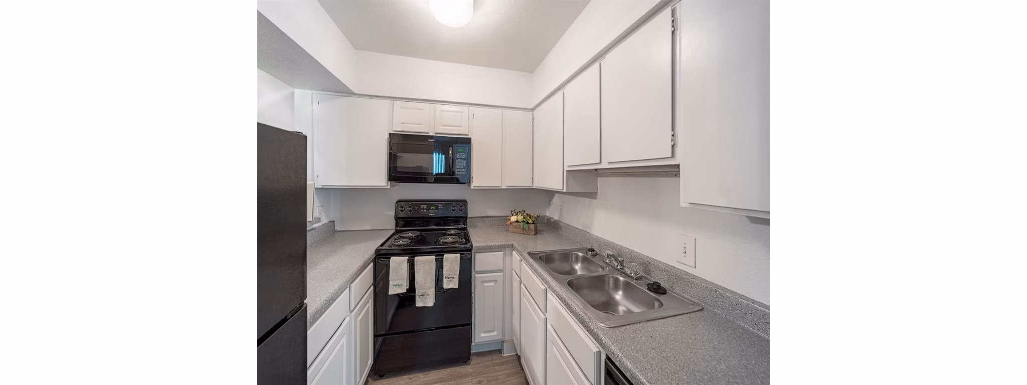 Modern kitchen with stainless steel appliances and granite countertops at Carelton Courtyard apartments