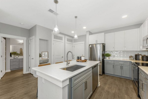 Modern kitchen with granite countertops and stainless steel appliances in Indigo at Berewick Apartments