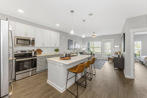 Modern kitchen with stainless steel appliances and granite countertops at Indigo at Berewick Apartments