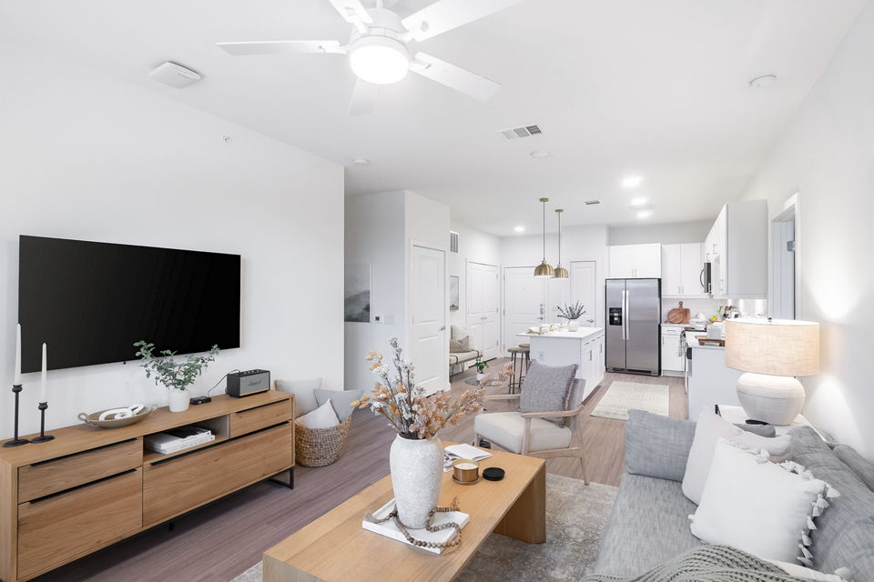 Bright living room with modern decor at Citizen House MLK Apartments