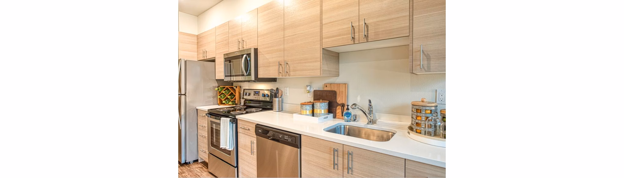 Kitchen featuring sleek countertops and stainless steel appliances at Ethos Apartments