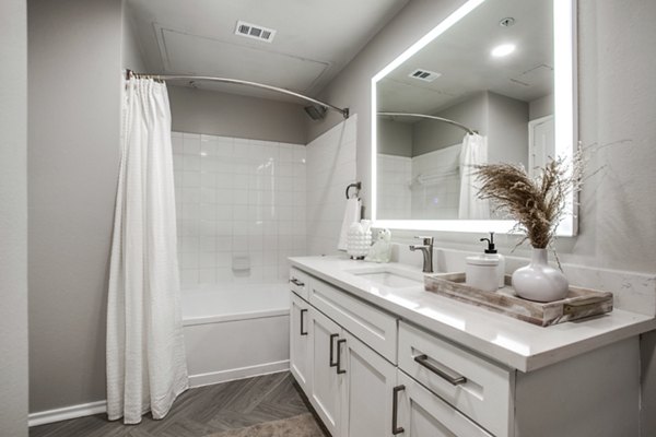 Modern bathroom with stylish fixtures at Equinox on the Park Apartments