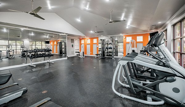 Modern fitness center with high-end equipment at Equinox on the Park Apartments offering a luxurious workout experience in a sophisticated setting