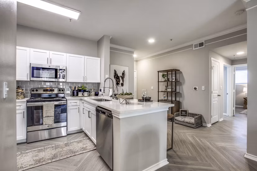 Modern kitchen with stainless steel appliances and granite countertops at Equinox on the Park Apartments