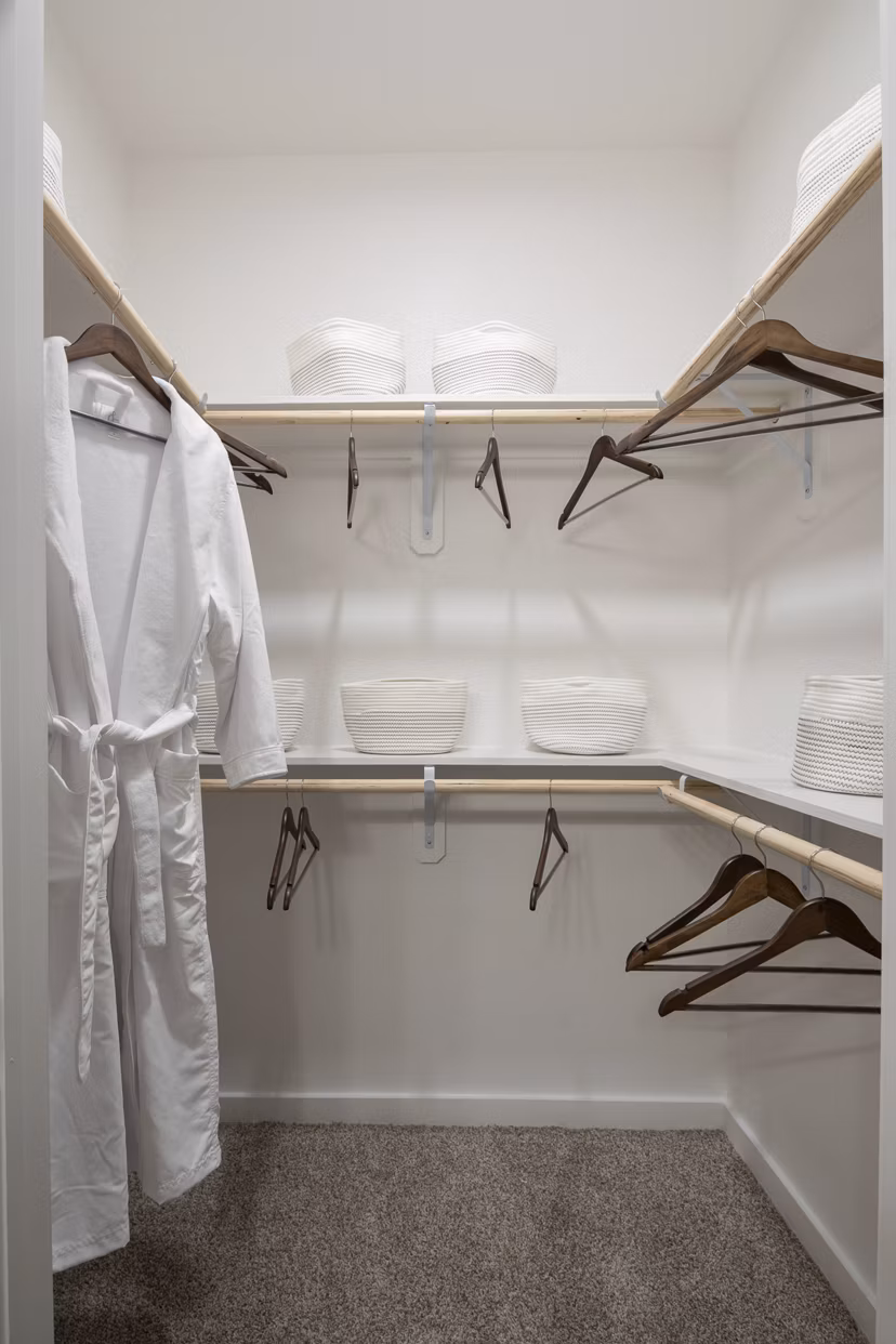 Spacious bedroom closet with ample storage space at Broadstone Cross Creek Ranch Apartments