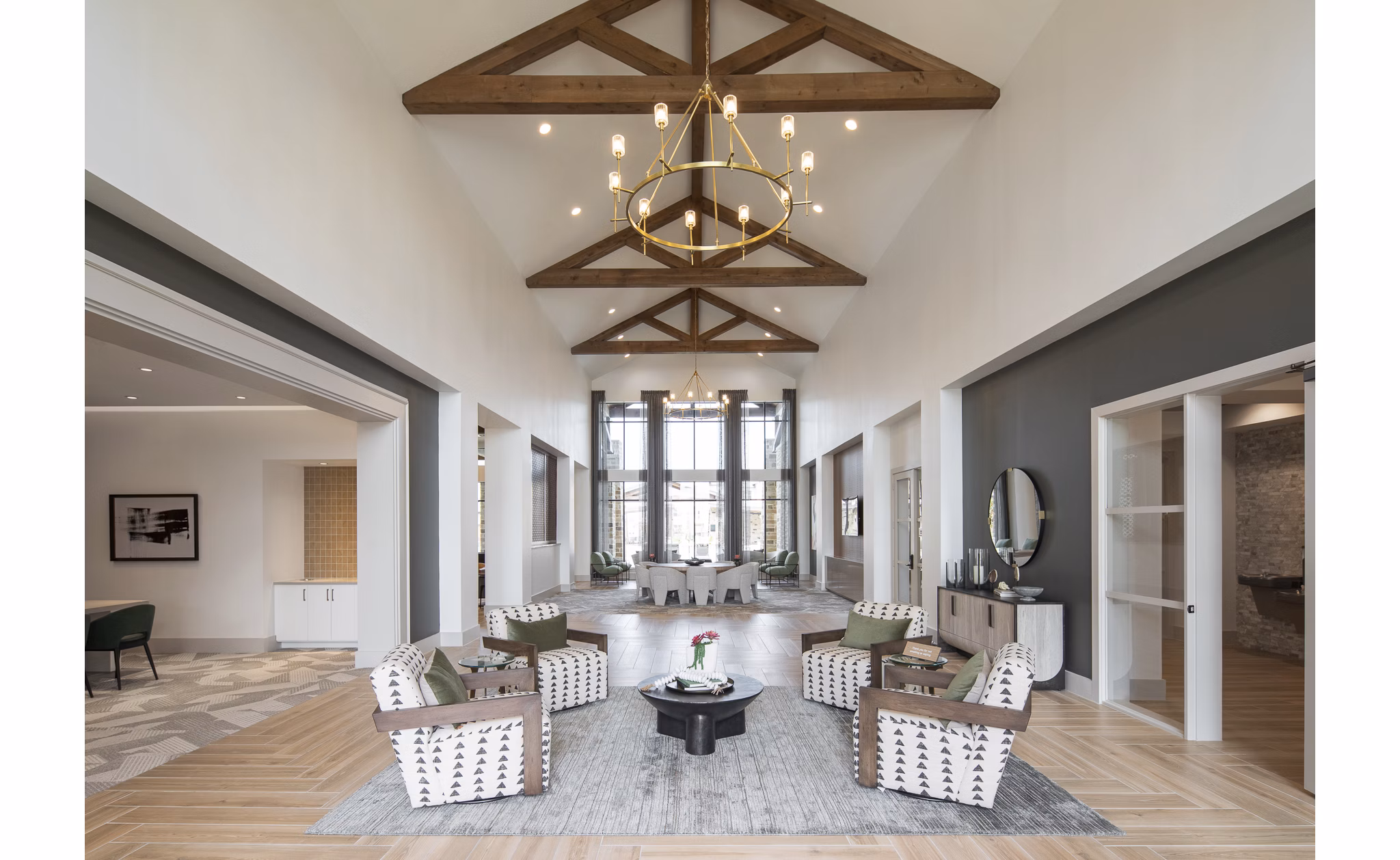 Stylish clubhouse with modern furniture at Broadstone Cross Creek Ranch Apartments