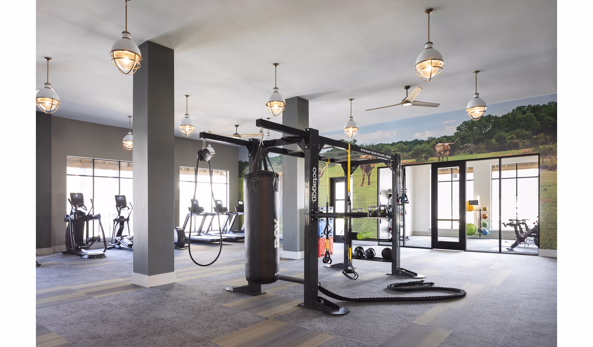 Modern fitness center equipped with cardio and strength machines at Broadstone Cross Creek Ranch Apartments