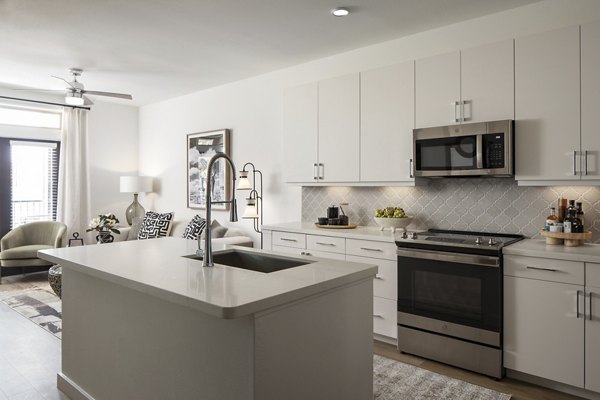 Modern kitchen with stainless steel appliances and island at Broadstone Cross Creek Ranch Apartments