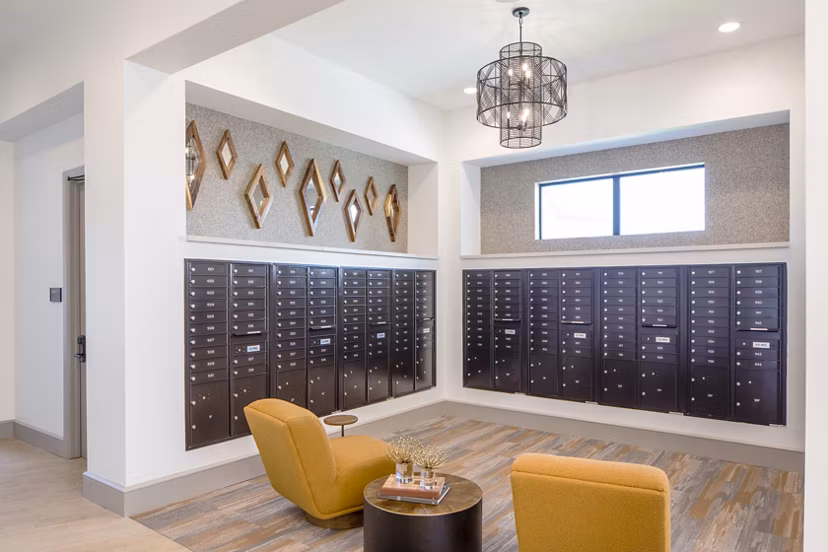 Broadstone Jordan Ranch Apartments: Modern mail room in clubhouse with secure package lockers