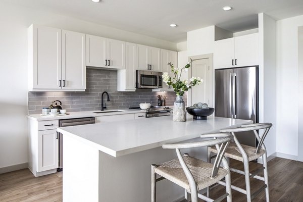 Modern kitchen with stainless steel appliances at Broadstone Jordan Ranch Apartments
