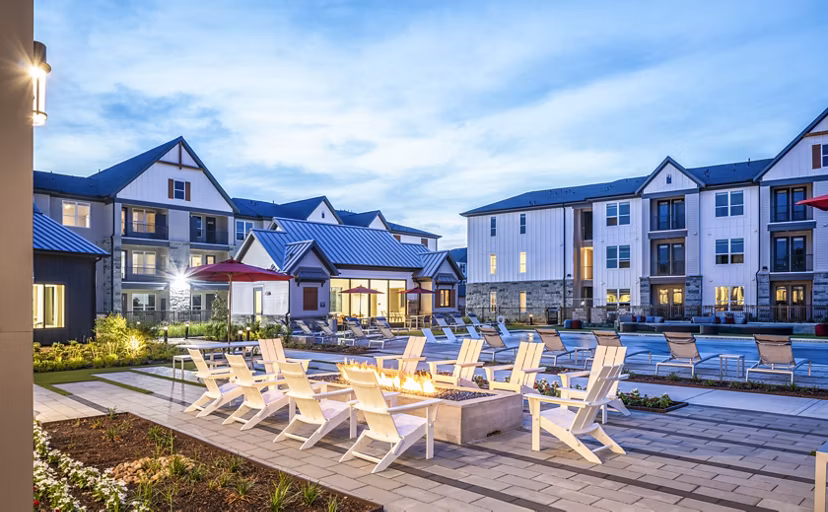 Cozy fire pit on spacious patio at Broadstone Jordan Ranch Apartments