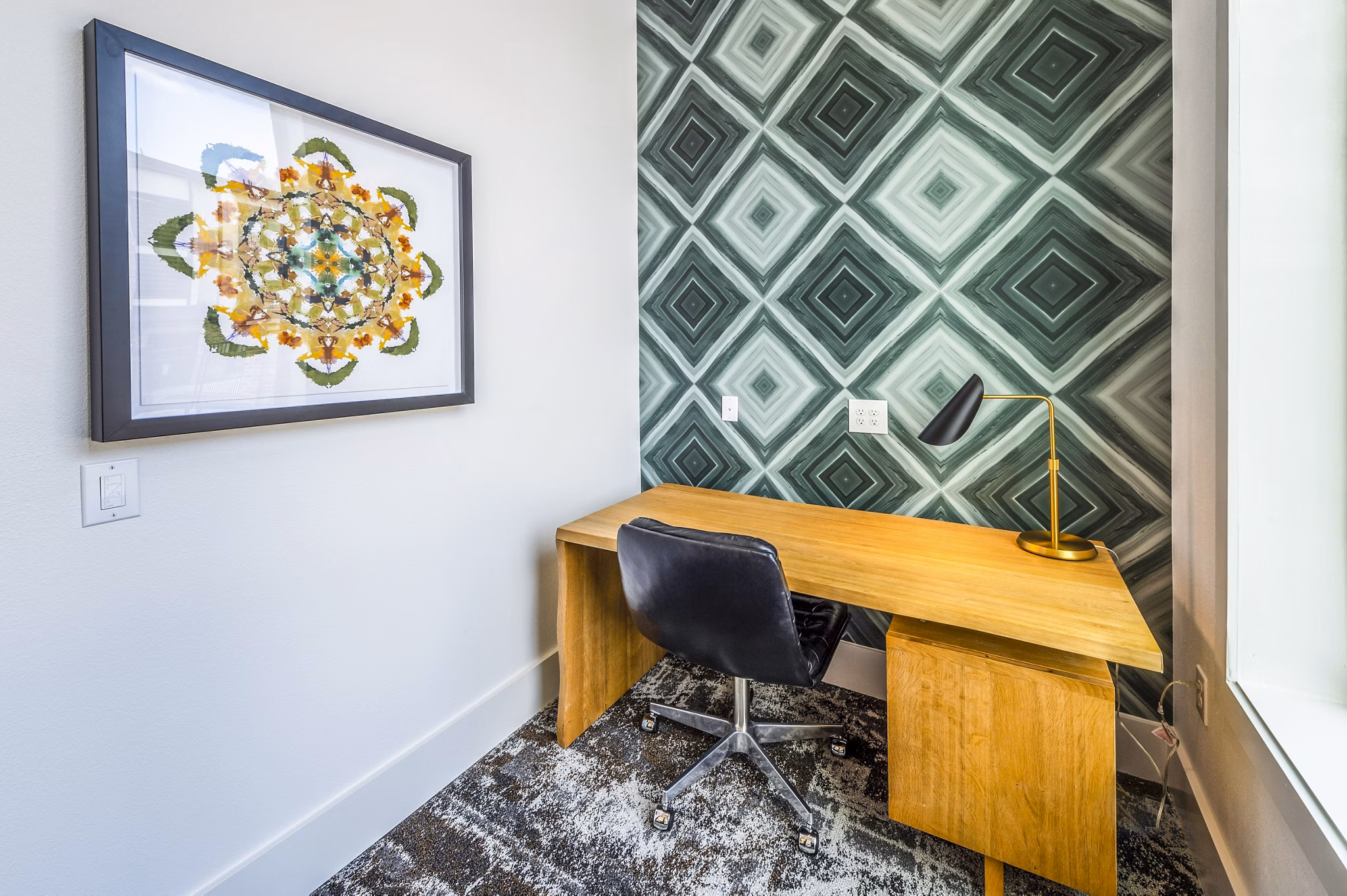 Clubhouse office with modern seating and workstations at Lenox Grand West Apartments