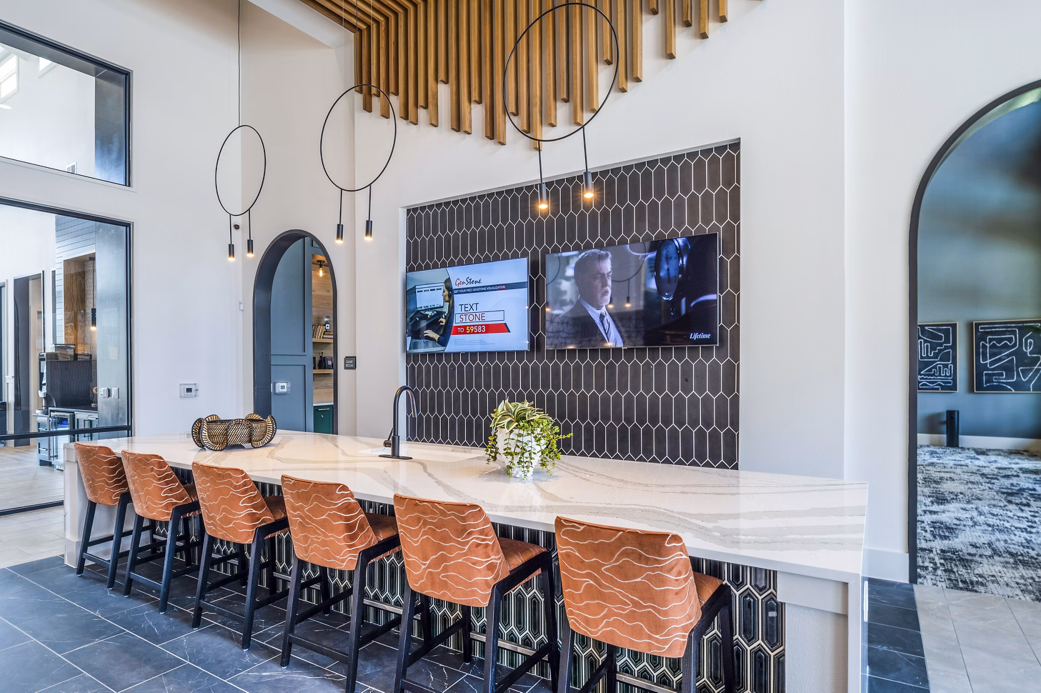 Clubhouse lobby with stylish seating and modern decor at Lenox Grand West luxury apartments