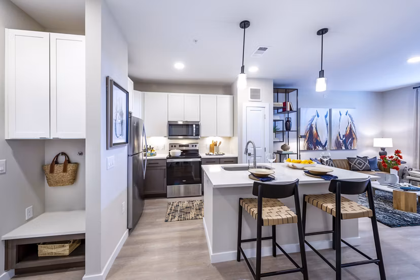 Modern kitchen with sleek appliances at The Madison Apartments