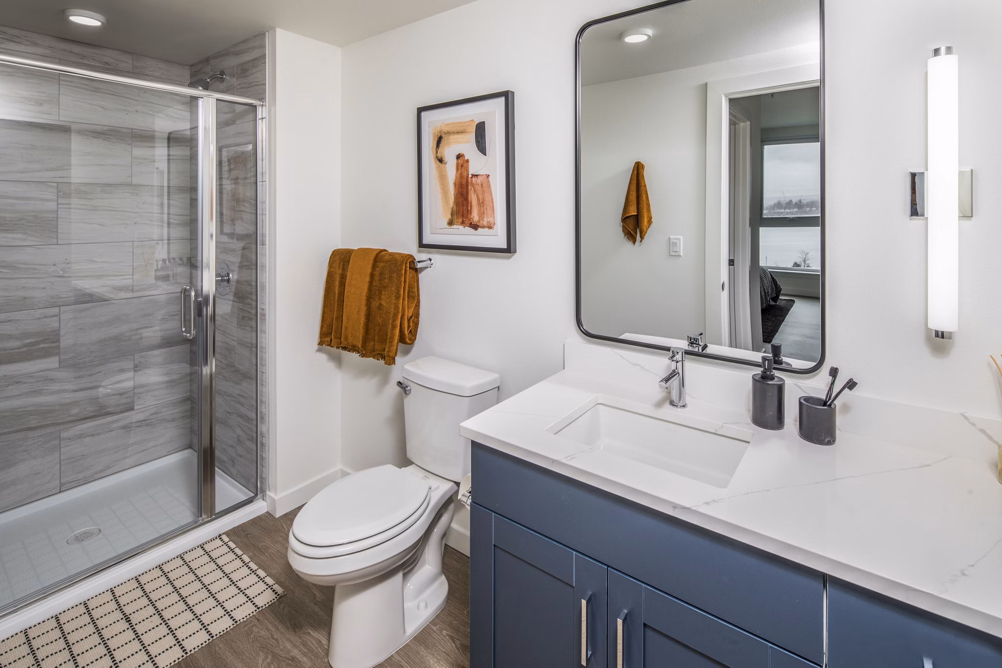Modern bathroom with sleek fixtures at Broadstone Claro Apartments