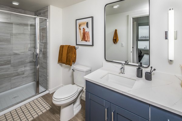 Modern bathroom with sleek fixtures at Broadstone Claro Apartments