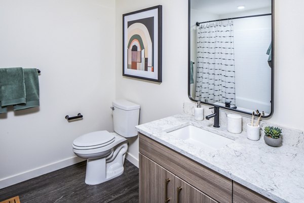Modern bathroom with sleek fixtures at Broadstone Claro Apartments