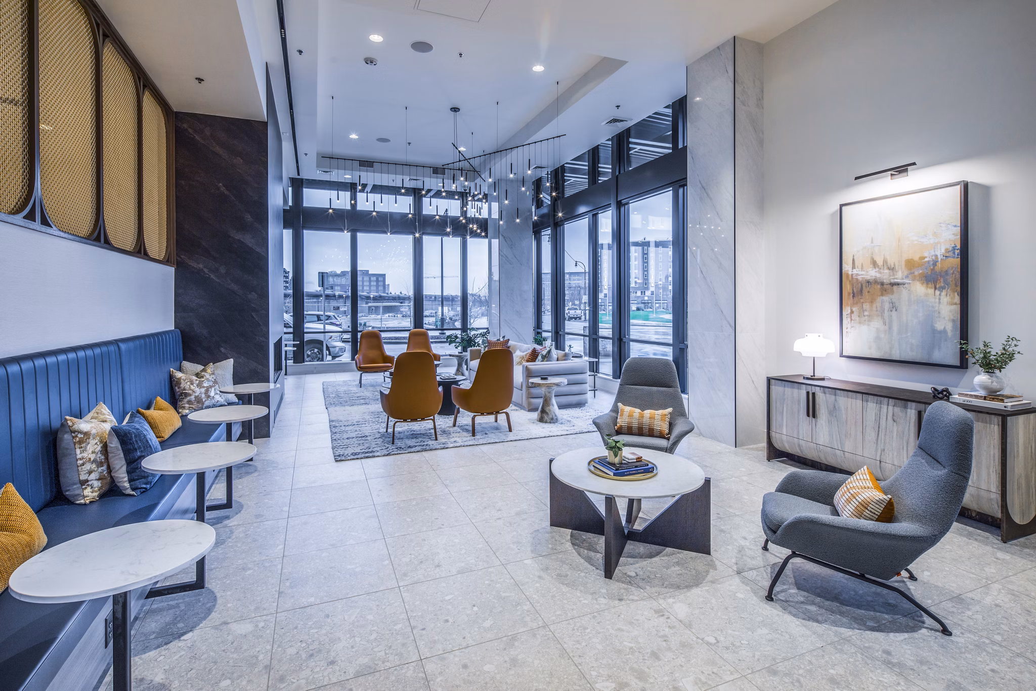 Clubhouse lobby featuring modern seating and contemporary decor at Broadstone Claro Apartments