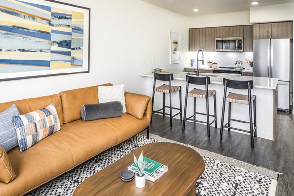 Spacious living room with modern decor and large windows in Broadstone Claro Apartments, offering comfort and style
