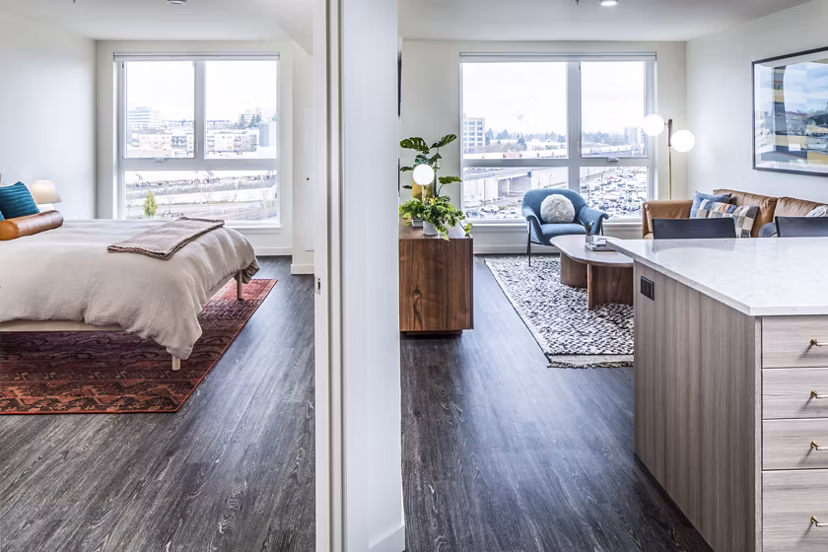 Living room and bedroom with modern decor at Broadstone Claro Apartments, luxury living spaces designed for comfort and style