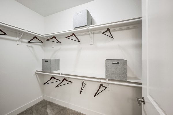 Walk-in closet with custom shelving at Creekside Park The Residences, offering organized storage solutions in luxury apartments