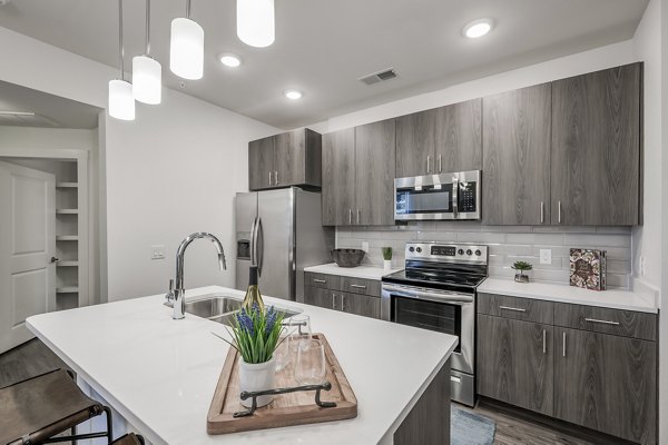 Modern kitchen with stainless steel appliances at Creekside Park The Residences