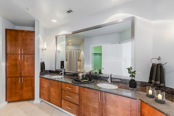 Luxurious bathroom with marble countertops and modern fixtures at The Dylan Apartments