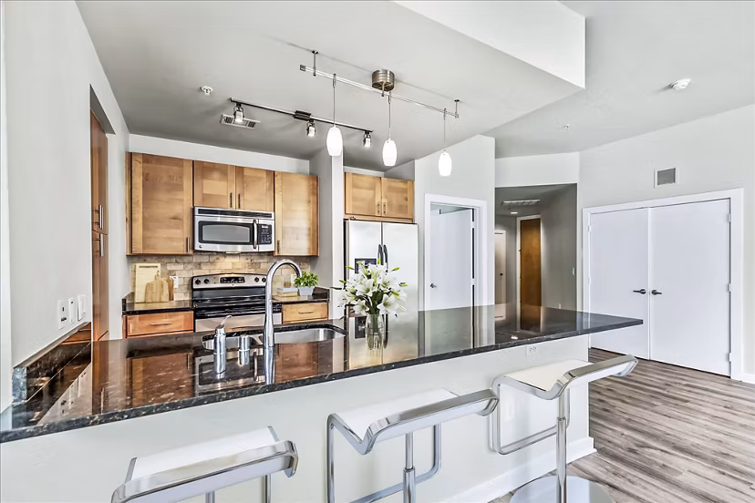 Dining room with contemporary furnishings at The Dylan Apartments