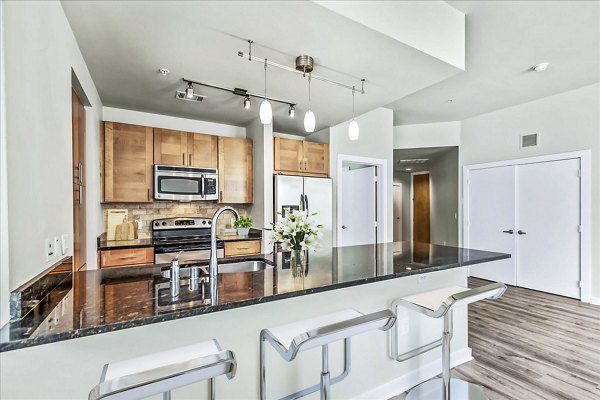 Dining room with contemporary furnishings at The Dylan Apartments