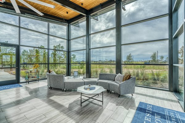 Elegantly designed clubhouse featuring modern furnishings at Lakeside Row Apartments