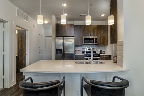 Modern kitchen with stainless steel appliances at Lakeside Row Apartments, luxury living by the water